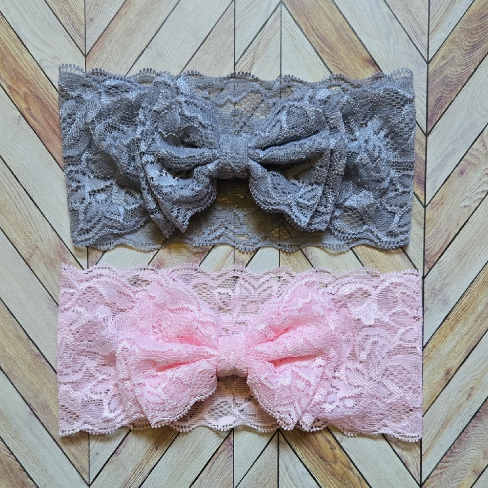 ​Set of 2 Wide Lace Bow Headbands Grey Pink Baby Girl Toddler Hair Accessories